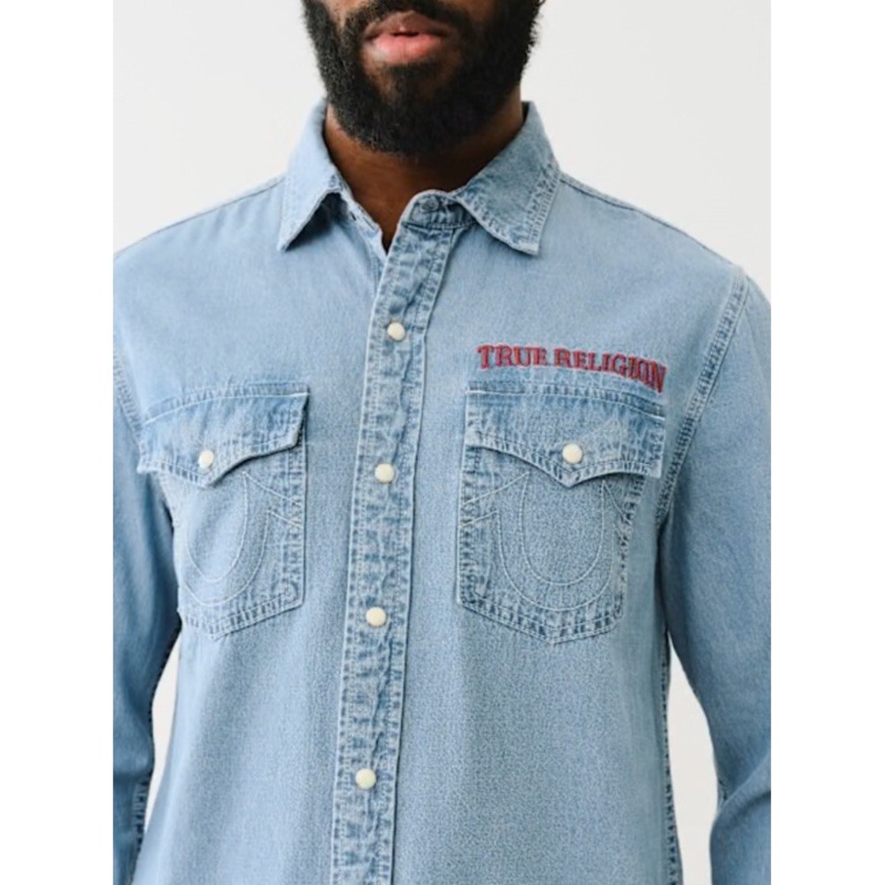 NWT True Religion Denim Long Sleeve Shirt Western Chambray Pearl Snap Men's S